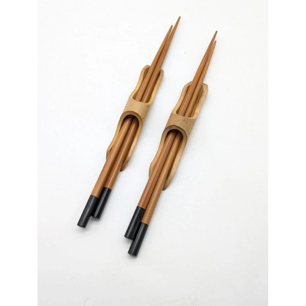 2 Set Vintage Bamboo Chopsticks Handmade Holders‎ Asian Minimalist Sleek Modern